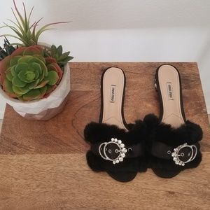 Miu Miu Black Fur Crystal Buckle Slides - Size 38